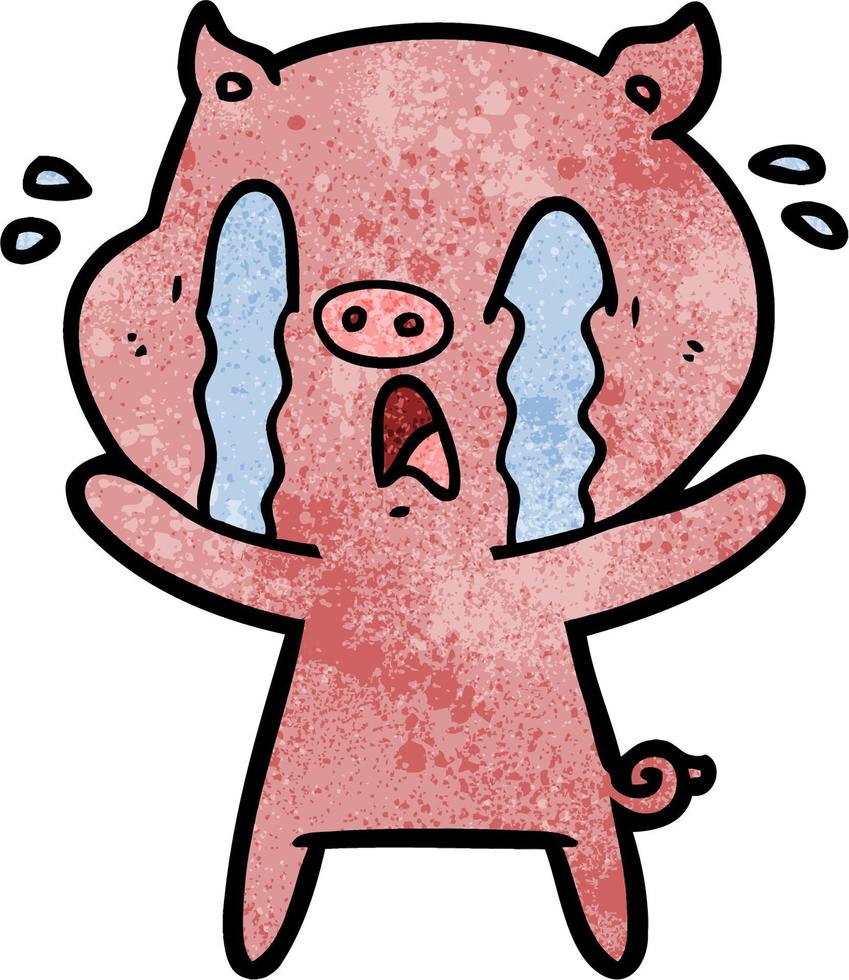 Retro grunge texture cartoon pig crying vector