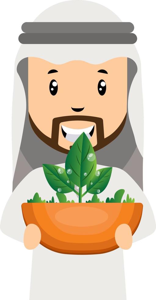 Arab holding plant, illustration, vector on white background.