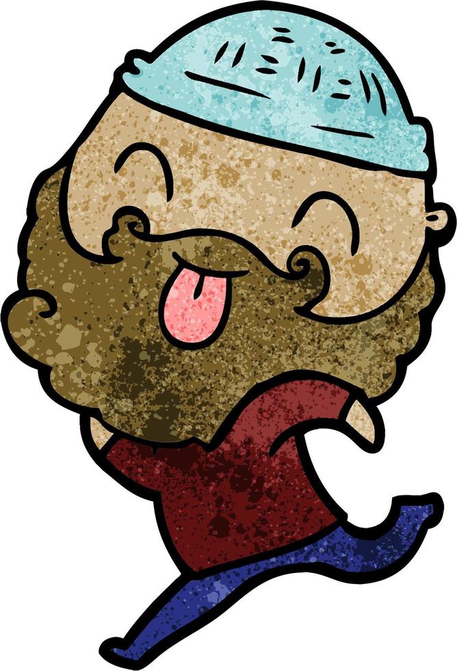 Retro grunge texture cartoon man with beard tongue out vector