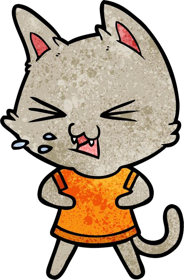 Retro grunge texture cartoon cat spitting vector