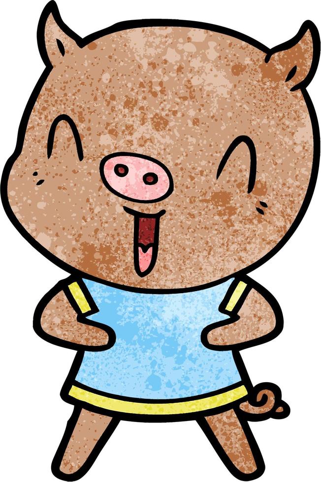 Retro grunge texture cartoon happy pig vector