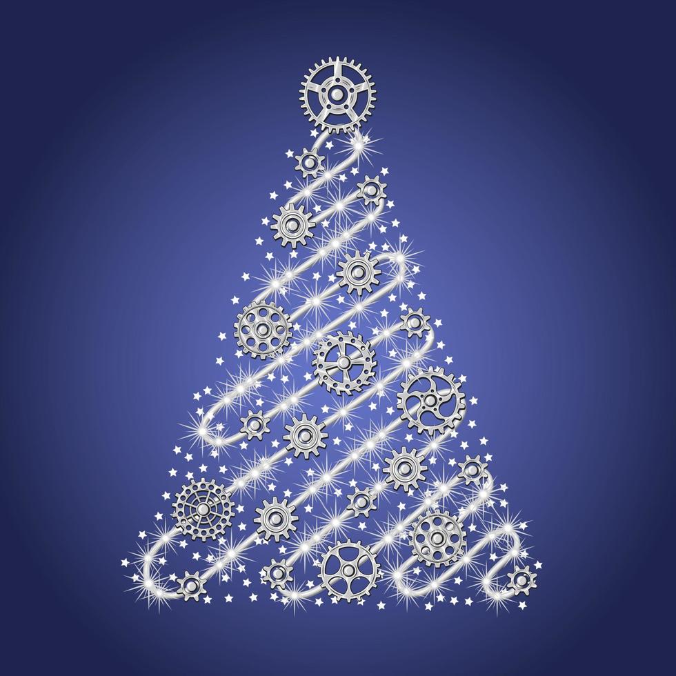 Silver christmas tree made of silver wire with silver gears, sparkles, little scattered stars on a blue background in steampunk style. vector