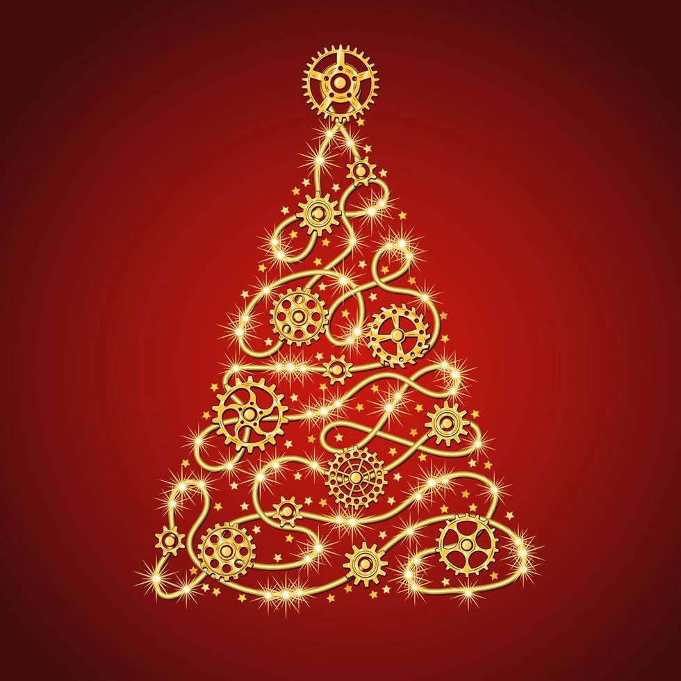 Gold christmas tree made of golden wire with gears, sparkles, little scattered stars on a red background in steampunk style. vector