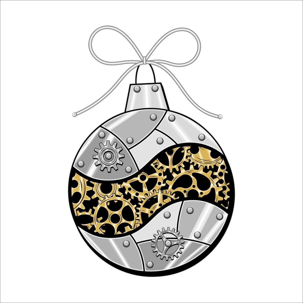 Christmas ball made of shiny silver metal plates, gears, cogwheels, rivets in steampunk style. Vector illustration.