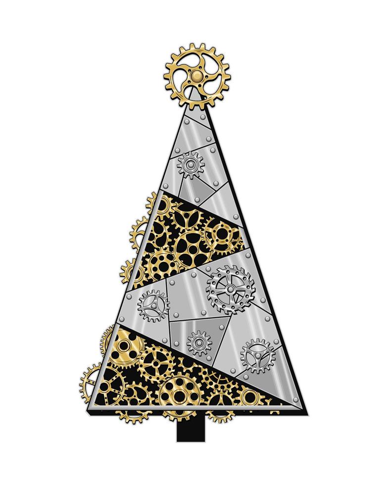 Christmas tree made of shiny silver metal plates, gears, cogwheels, rivets in steampunk style. Vector illustration.