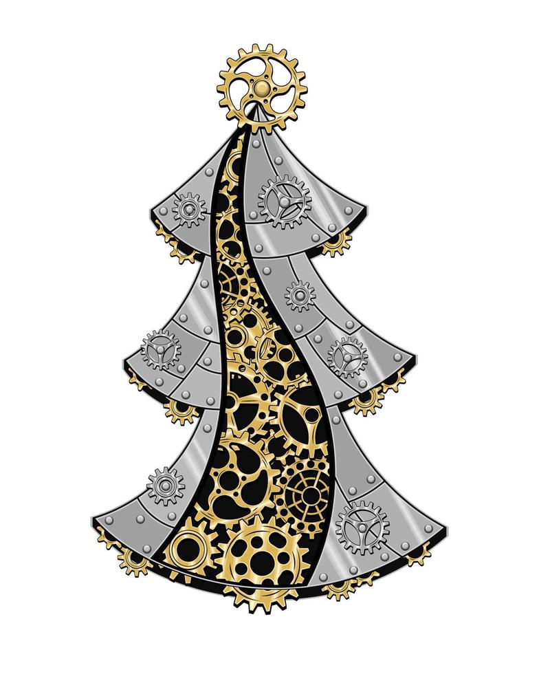 Christmas tree made of shiny silver metal plates, gears, cogwheels, rivets in steampunk style. Vector illustration.