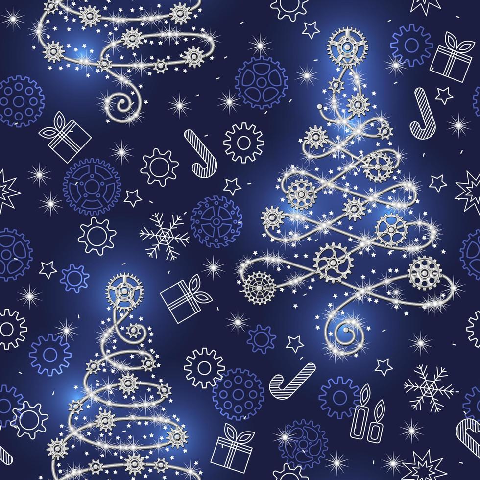 Christmas background with gears, rivets, wire, sparkles and christmas tree made of silver wire, gears, sparkles, little scattered stars on a blue backdrop. Seamless pattern, steampunk style vector