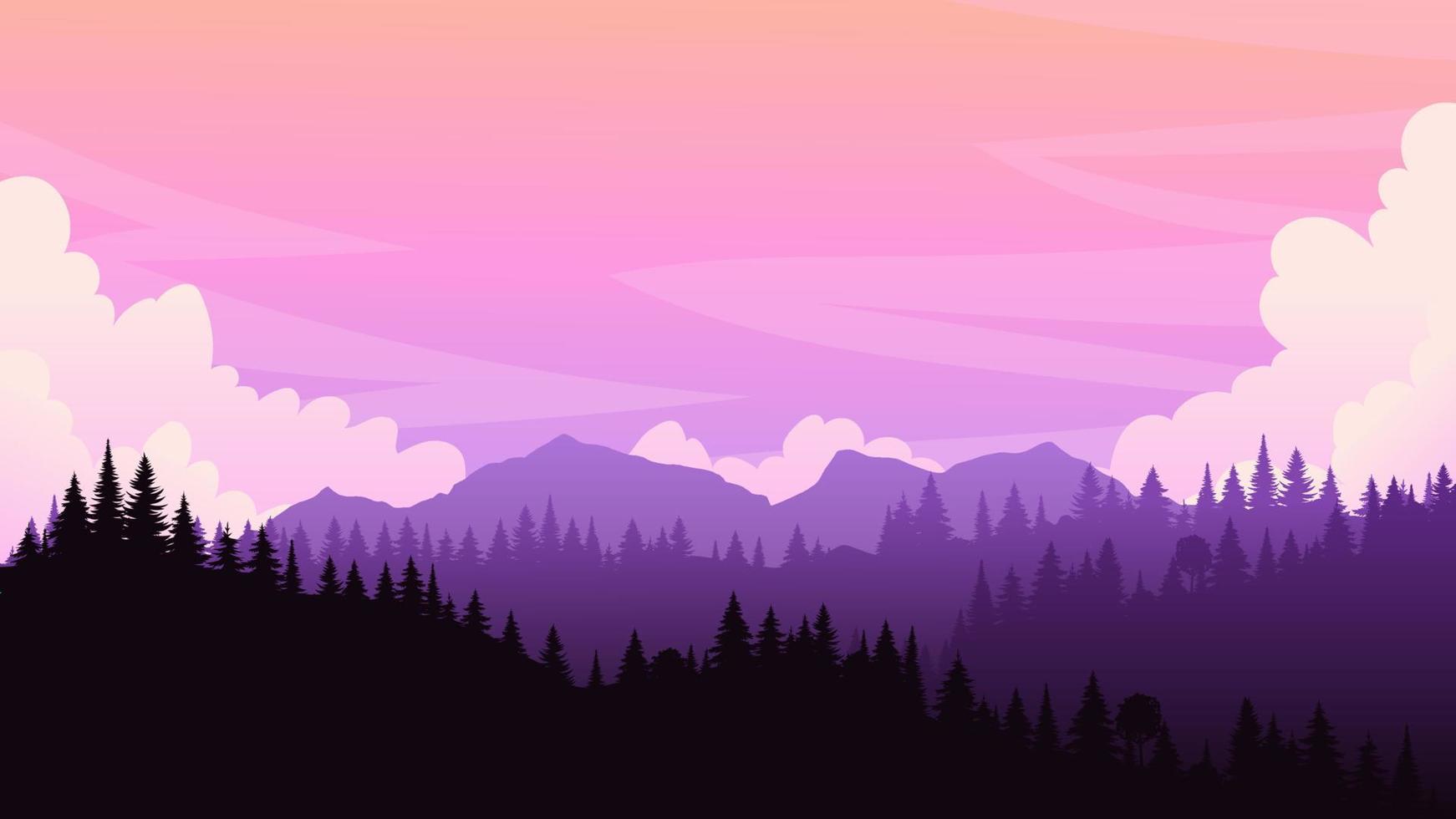 Beautiful forest panoramic. Realistic neon vector vivid background. Landscape purple trees pine in mist design. Mystery fog in park sunset concept. Nature beauty. Tourism web banner.