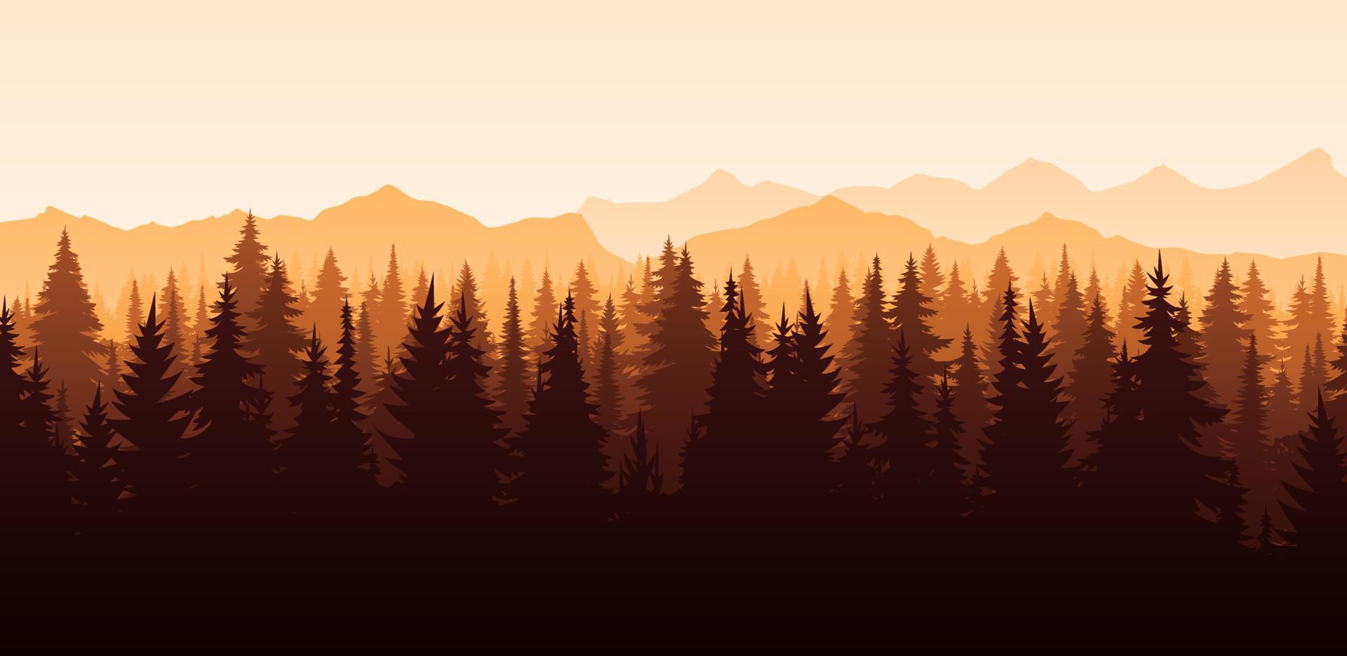 Vector red horizontal landscape with fog, forest, spruce, fir, and sunset. Autumn Illustration of panoramic view silhouette, mist and orange mountains. Fall season trees