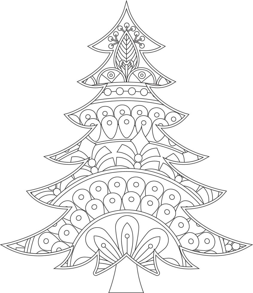 Christmas Tree Coloring Page with Mandala Style vector