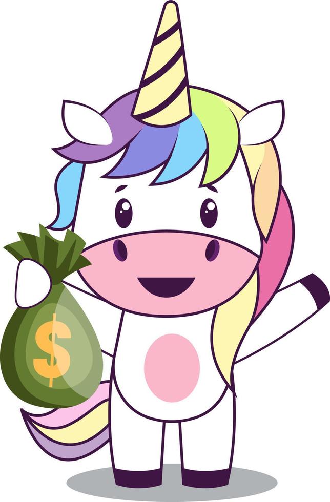 Unicornio con bolsas de dinero, ilustración, vector sobre fondo blanco.