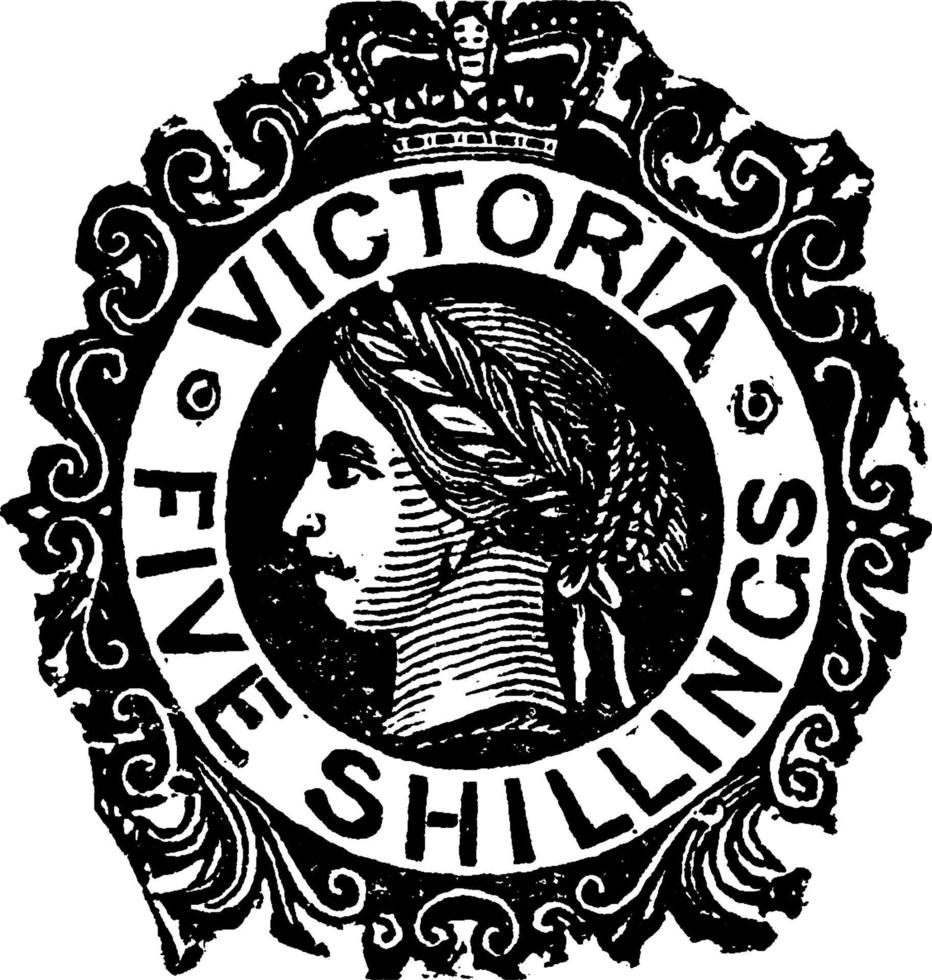 Victoria Five Shillings Stamp from 1868 to 1878, vintage illustration. vector