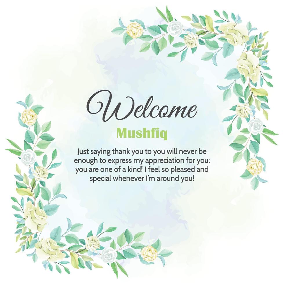 Welcome card with vintage off-white rose corner and watercolor background vector