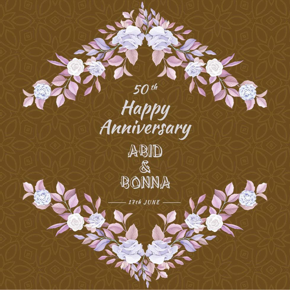 Anniversary card with vintage rose flower, leaves and yellowish mandala background vector