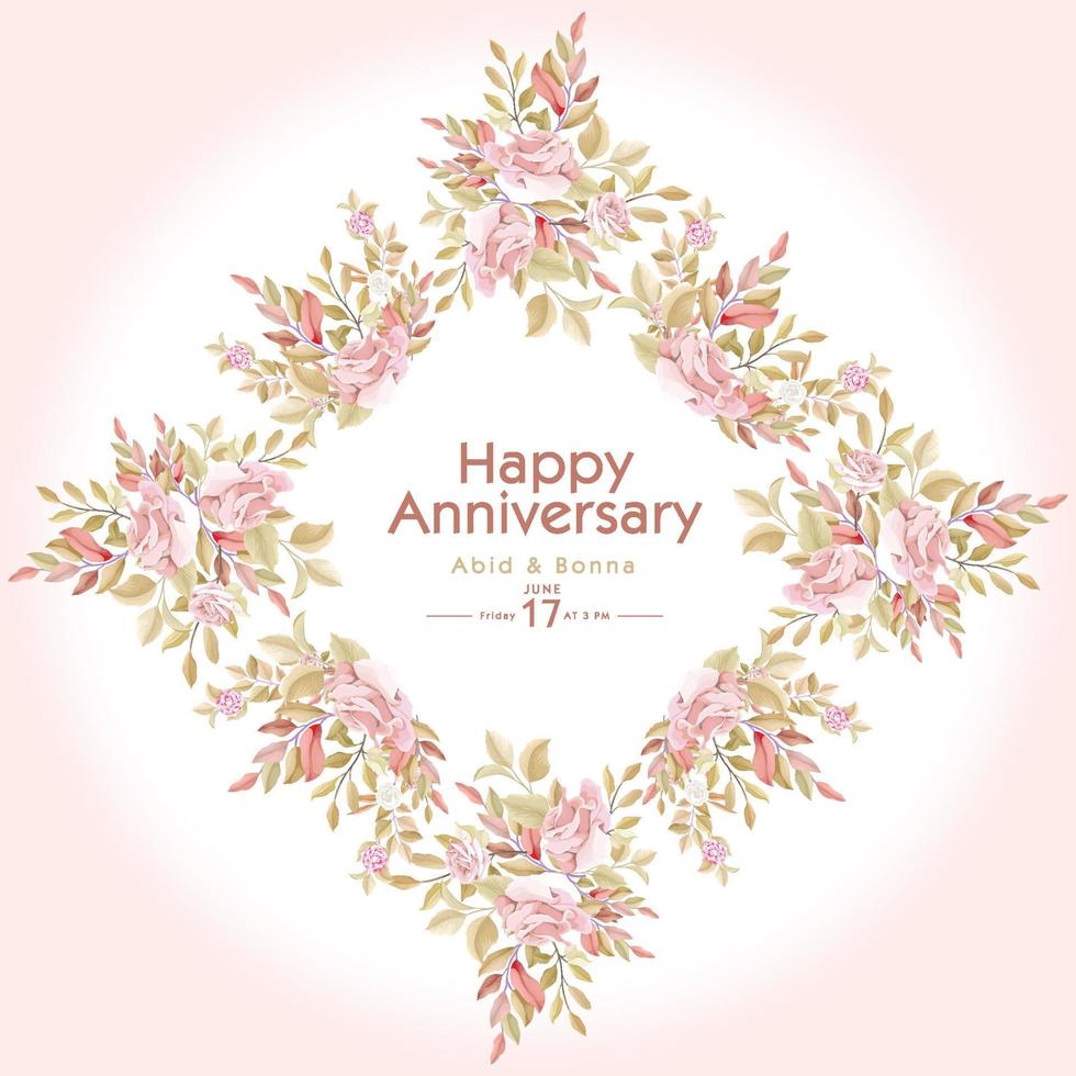 tarjeta de invitación de aniversario de aspecto vintage de marco rosa rosa oscuro cuadrado vector