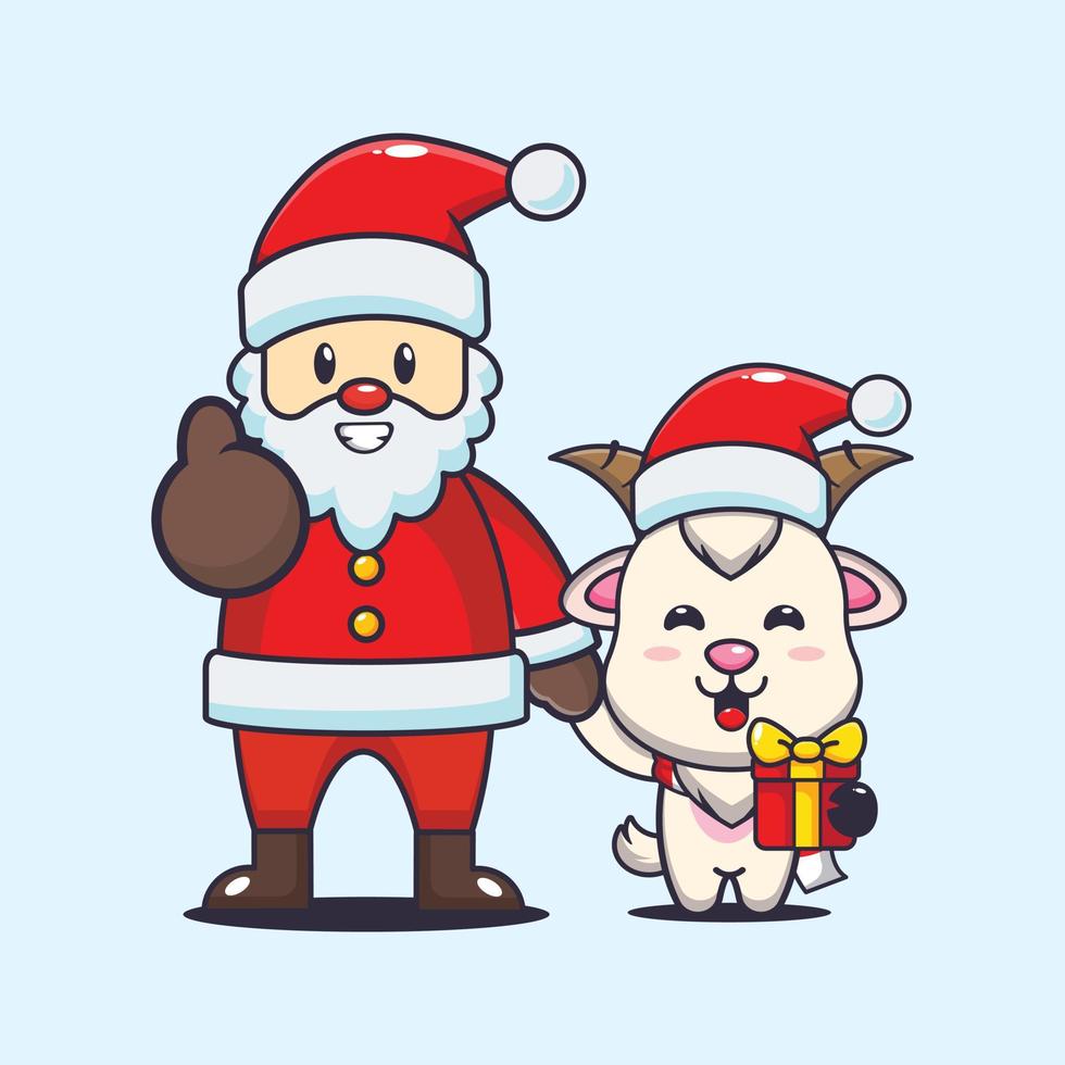 linda cabra con santa claus. linda ilustración de dibujos animados de navidad. vector