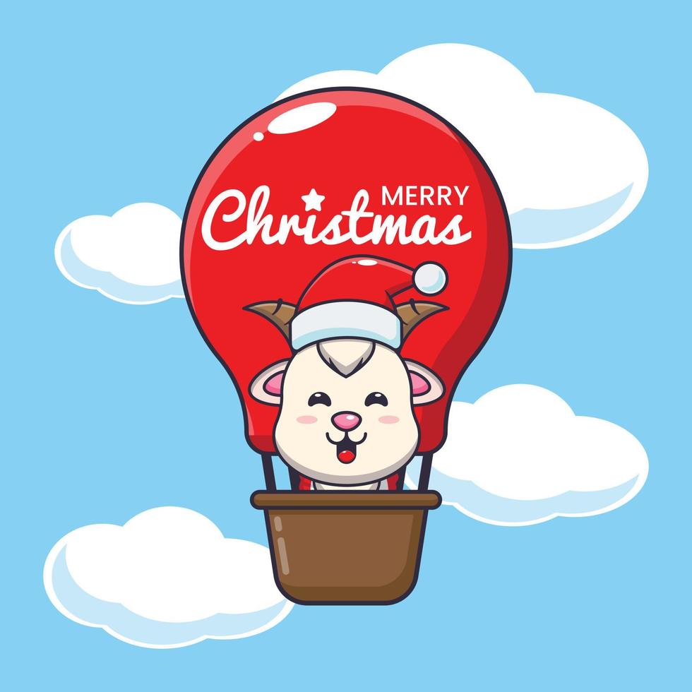 Cute goat fly with air balloon. Cute christmas cartoon illustration. vector