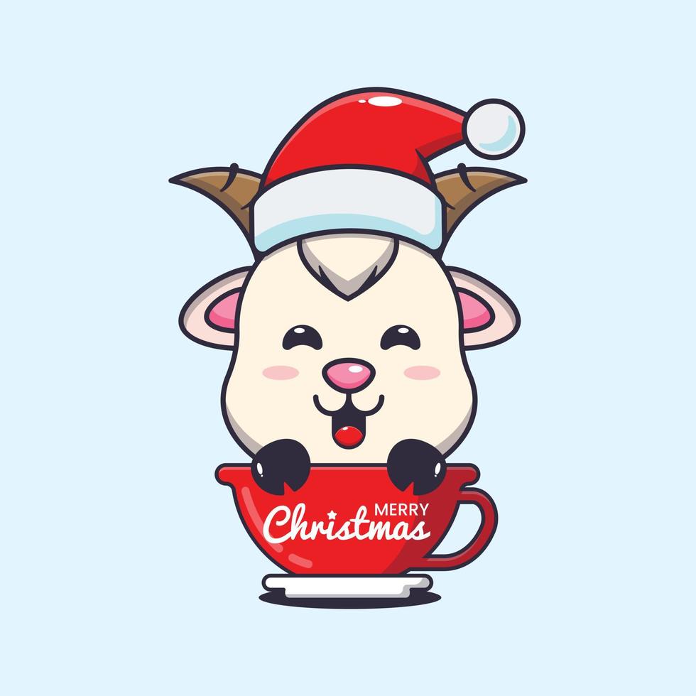 Cute goat wearing santa hat in cup. Cute christmas cartoon illustration. vector