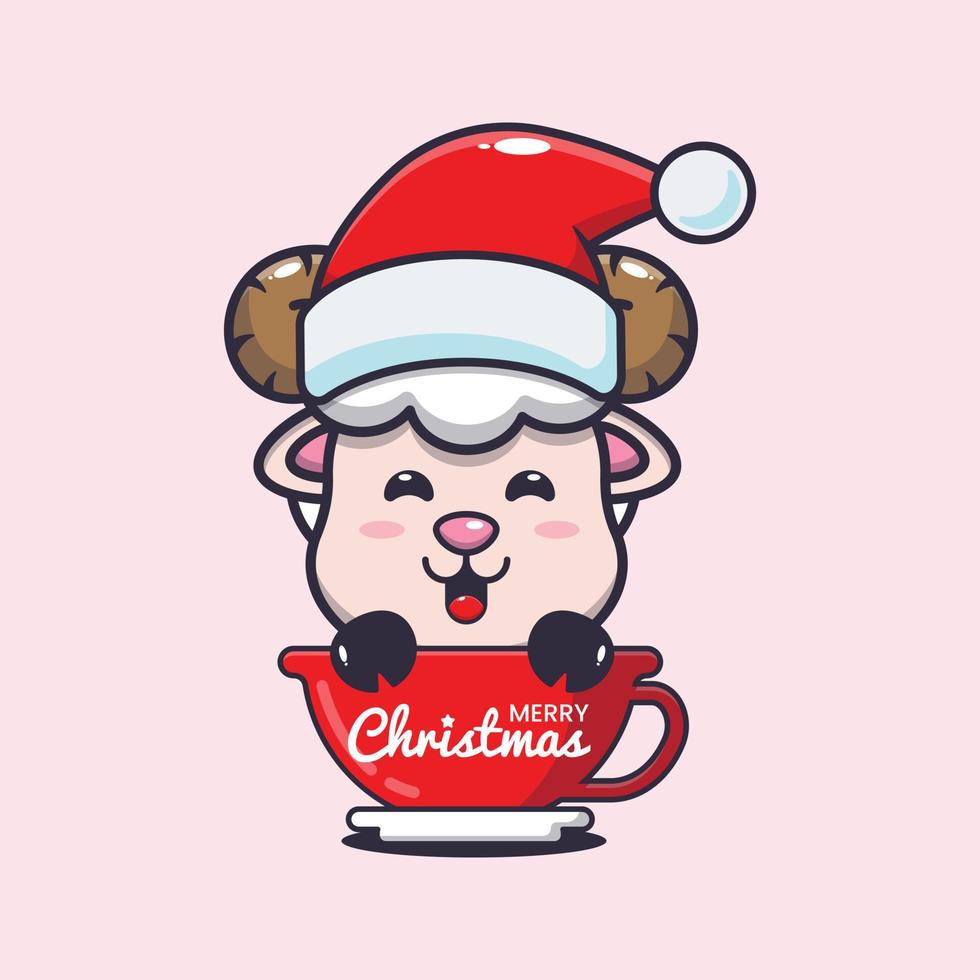 Cute sheep wearing santa hat in cup. Cute christmas cartoon illustration. vector