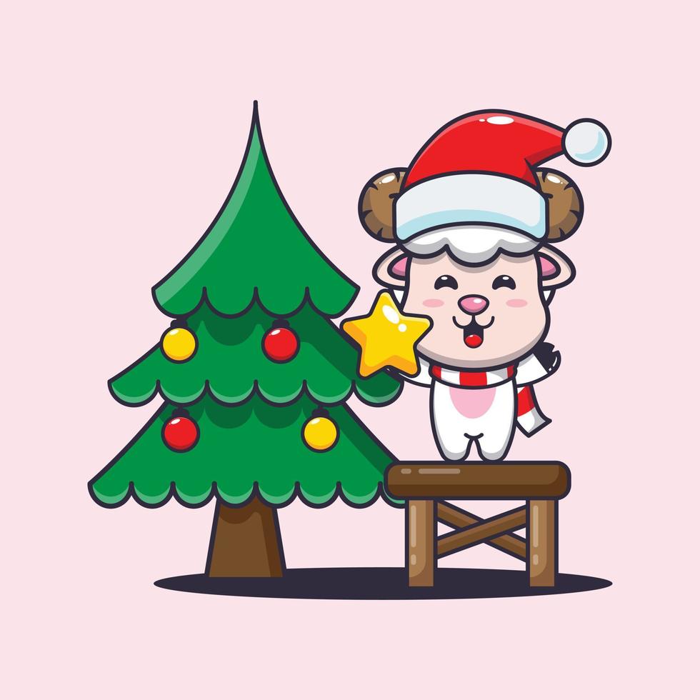 Cute sheep taking star from christmas tree. Cute christmas cartoon illustration. vector