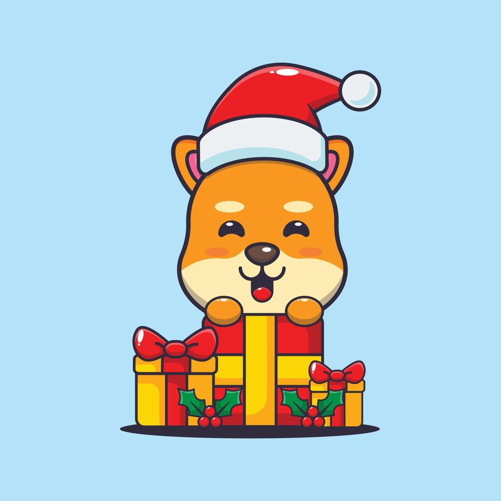 Cute shiba inu dog with christmas gift. Cute christmas cartoon illustration. vector