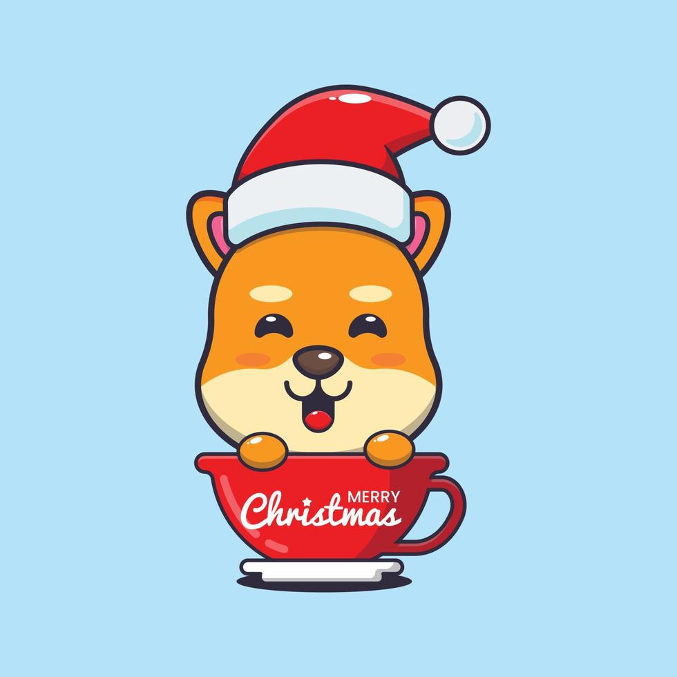 lindo perro shiba inu con sombrero de santa en la taza. linda ilustración de dibujos animados de navidad. vector