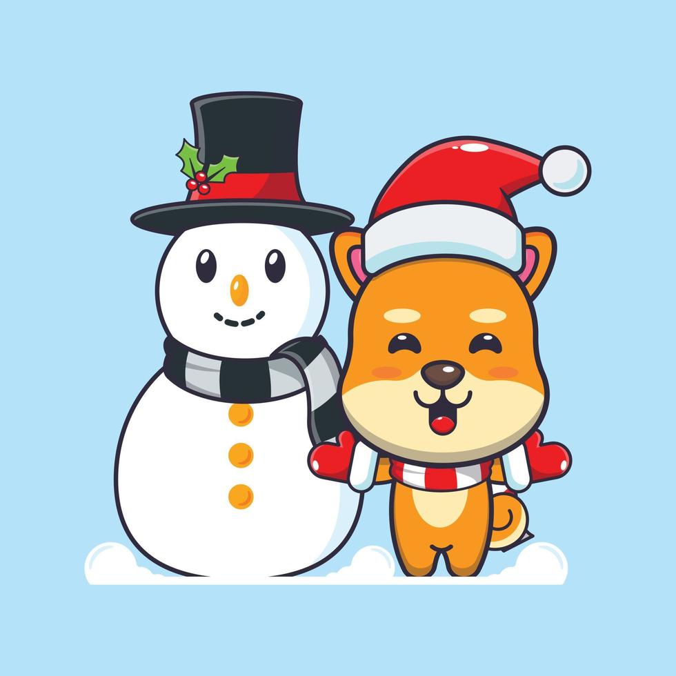 lindo perro shiba inu jugando con muñeco de nieve. linda ilustración de dibujos animados de navidad. vector