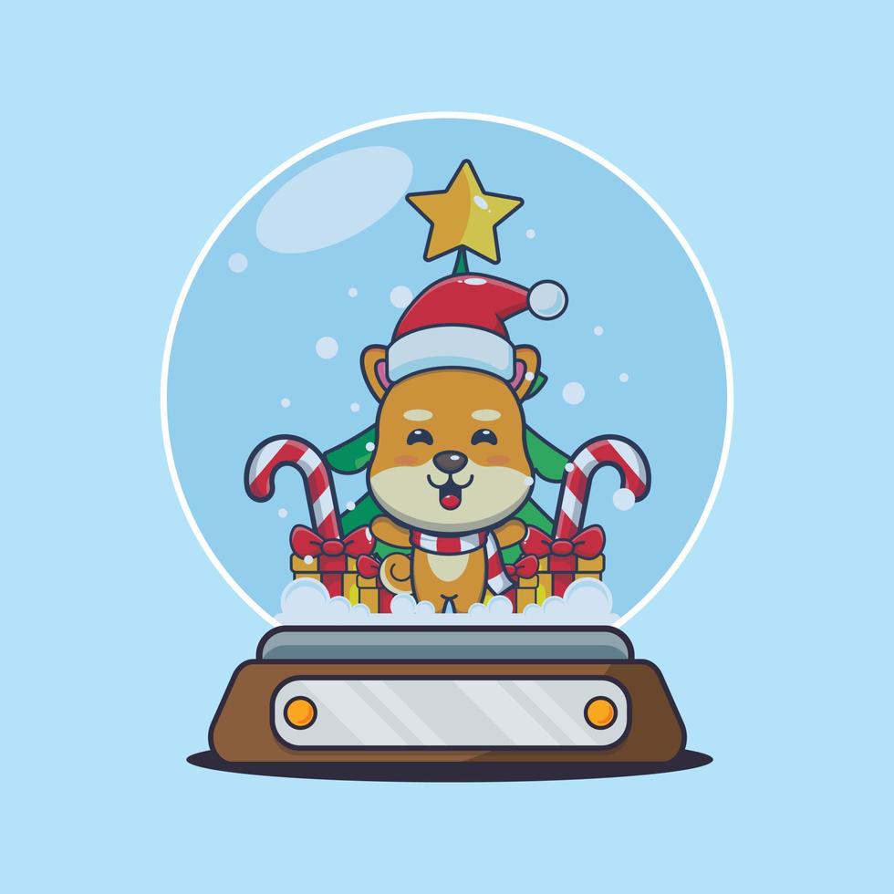lindo perro shiba inu en globo de nieve. linda ilustración de dibujos animados de navidad. vector