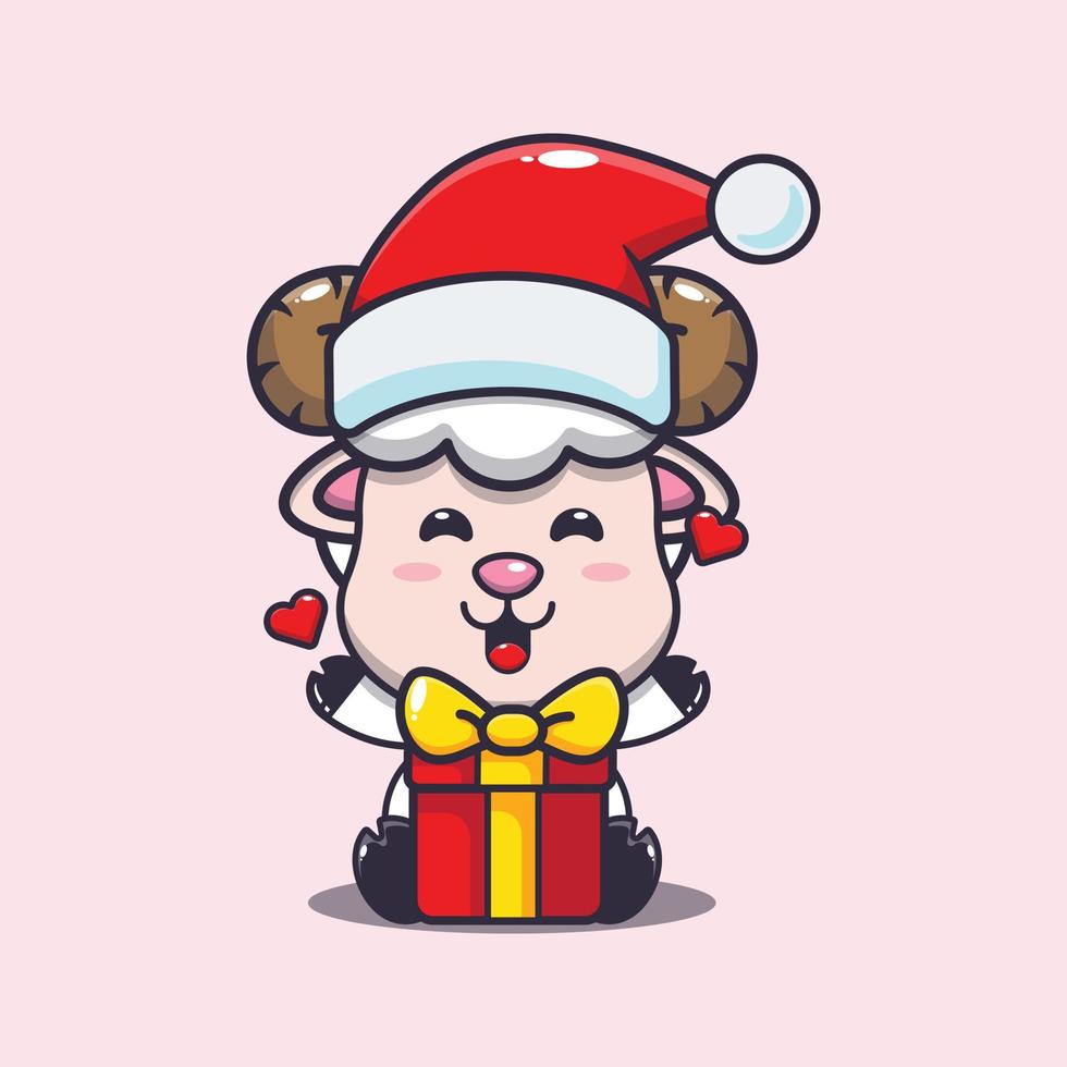 linda oveja feliz con regalo de navidad. linda ilustración de dibujos animados de navidad. vector