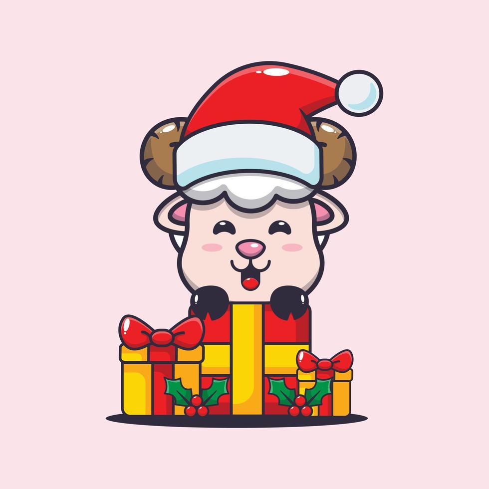 linda oveja con regalo de navidad. linda ilustración de dibujos animados de navidad. vector