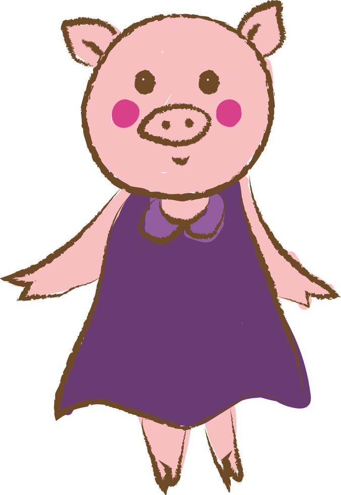 Pig with pink dress, illustration, vector on white background.