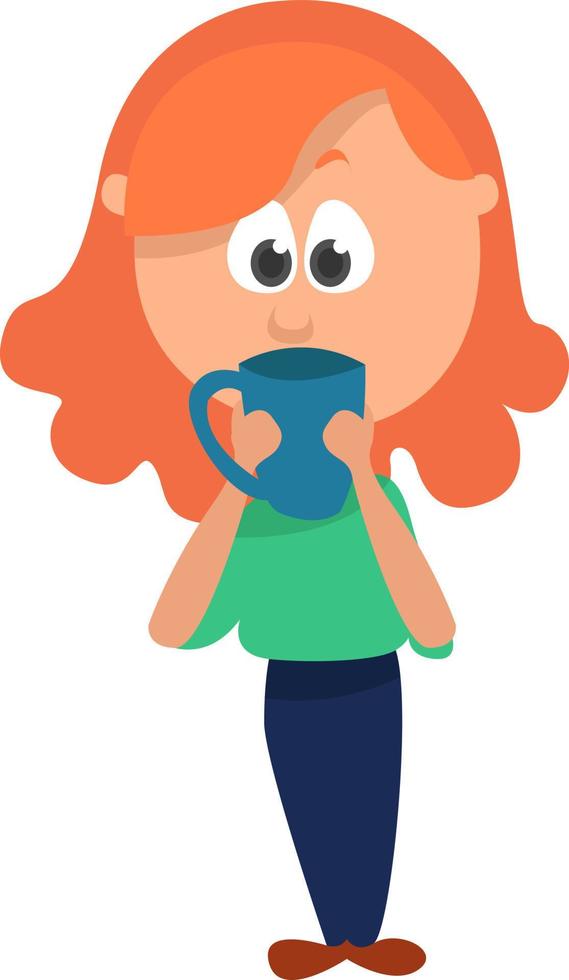 Girl drinking cup of coffee, illustration, vector on white background