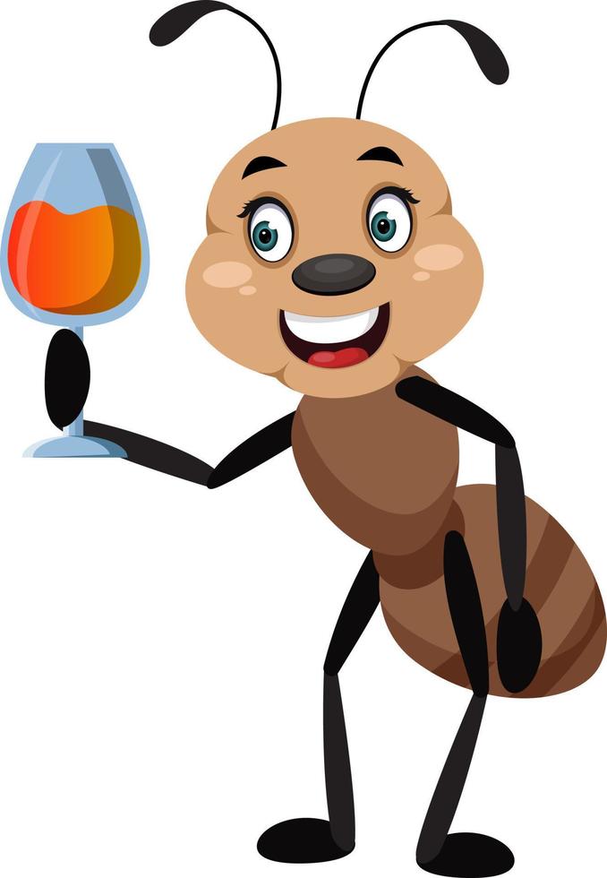 Ant holding glass of wine, illustrator, vector on white background.