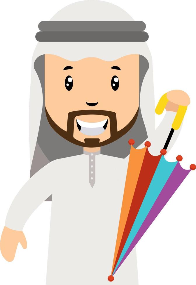 Arab men with umbrella, illustration, vector on white background.