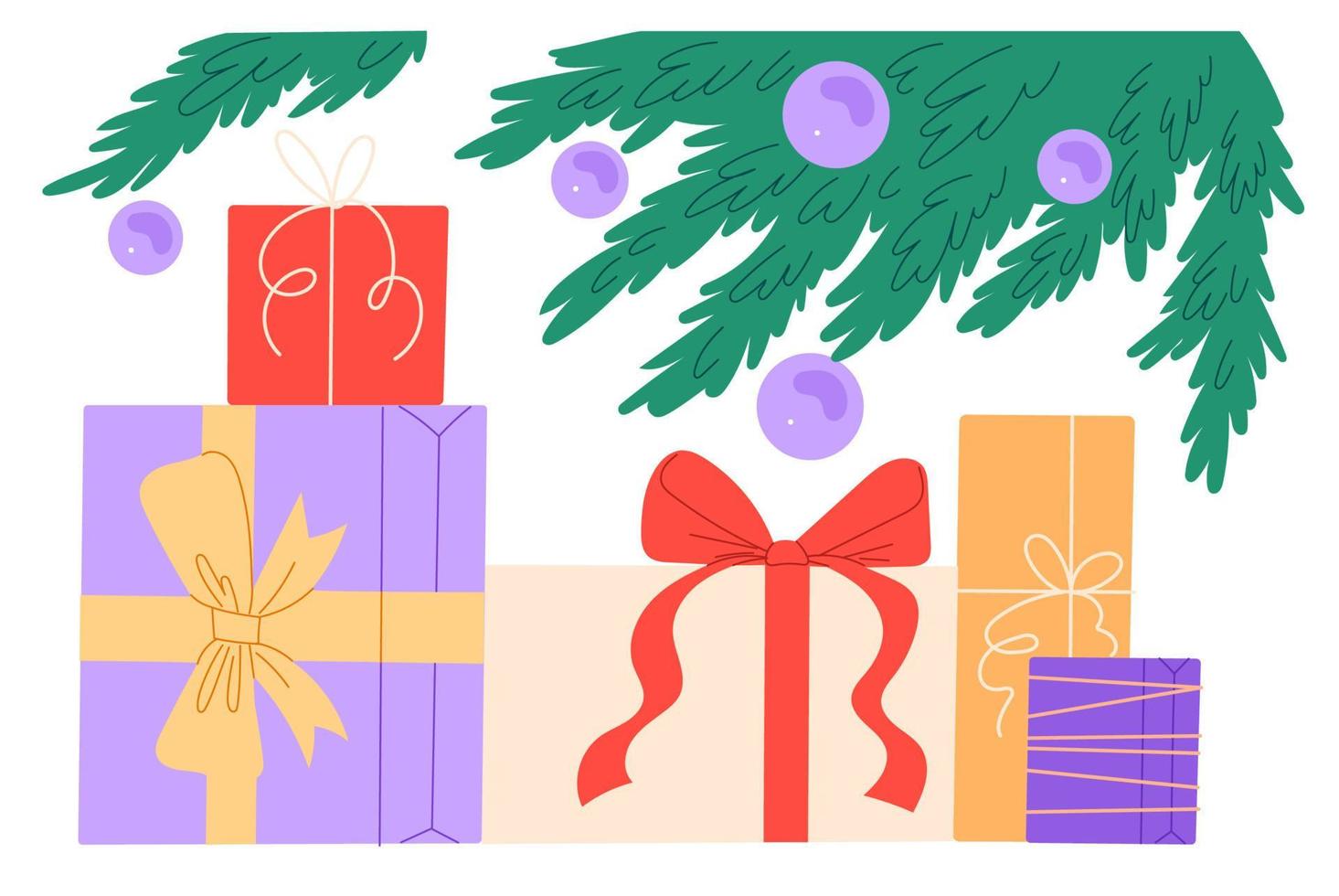 Boxes with gifts for Christmas, new year under Christmas tree. vector
