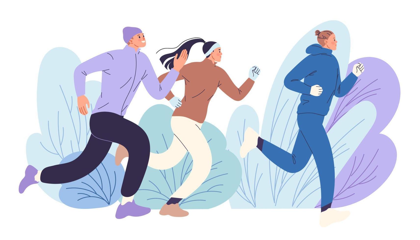 Group of runners running in the park vector