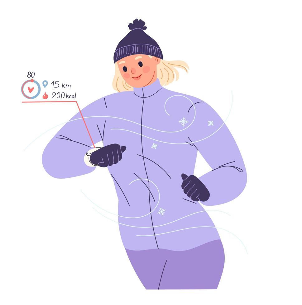 la mujer corre afuera en invierno y mira el reloj inteligente comprobando su frecuencia cardíaca, pulso, calorías, distancia. vector