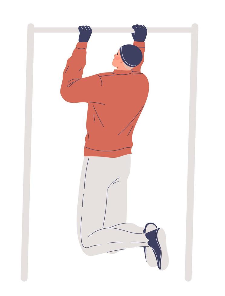 Man training outdoors in winter, pulling up on bar vector