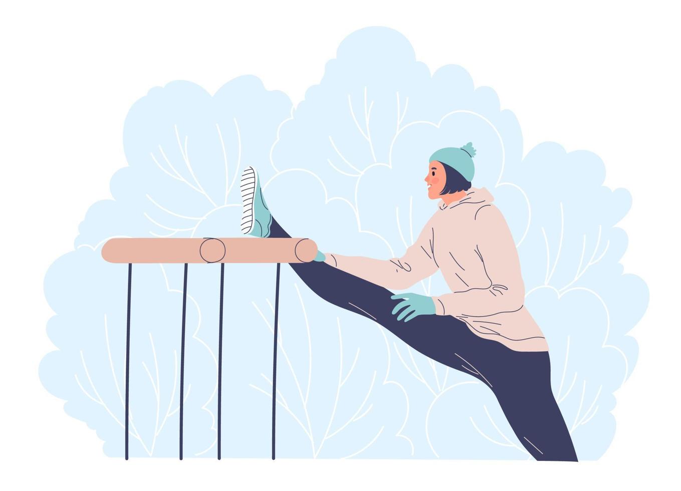 Woman working outdoors in the winter doing stretching vector