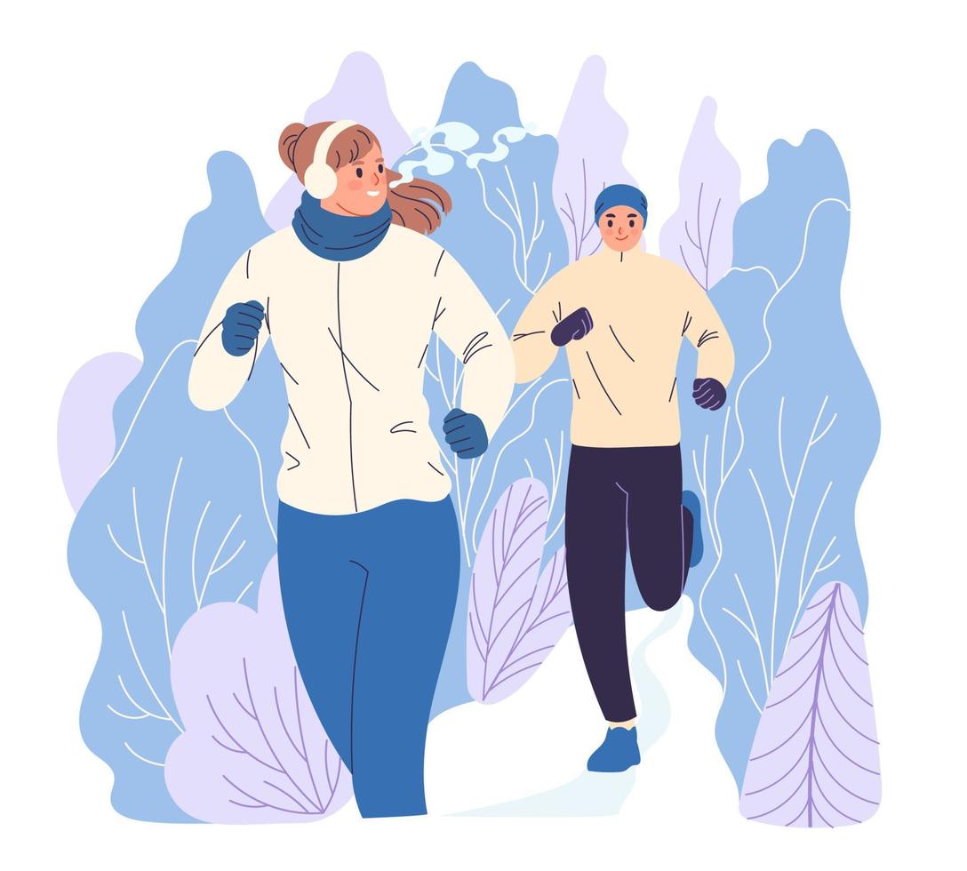 dos personas corren por el bosque en invierno. vector