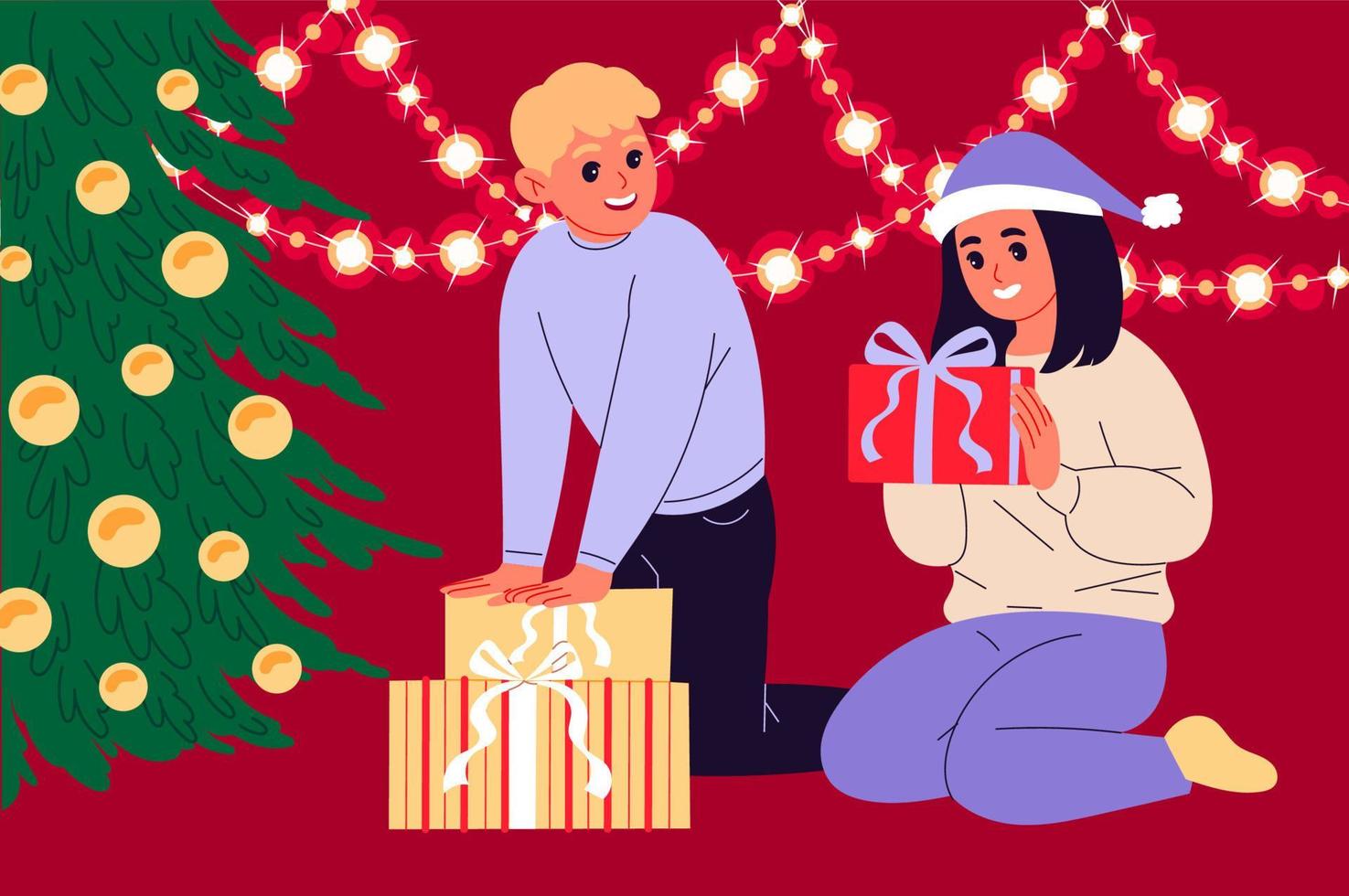 Little girls with their christmas gifts sitting on floor beside a christmas tree. vector