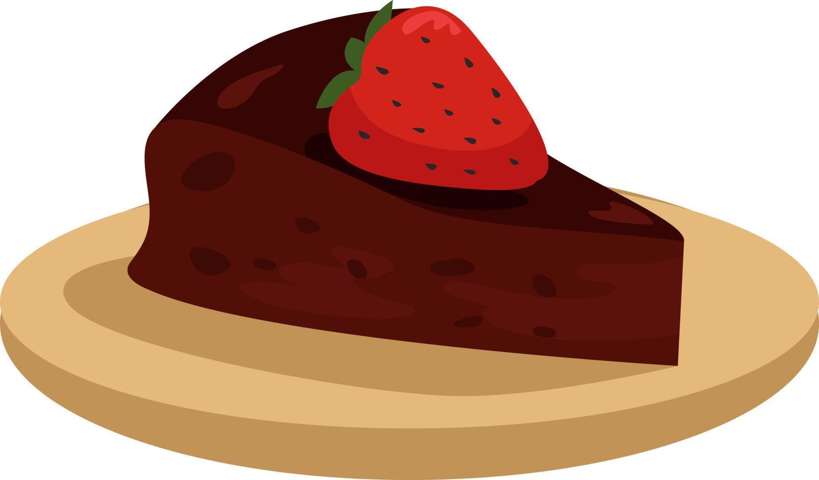 Slice of chocolate cake with strawberry, illustration, vector on white background.