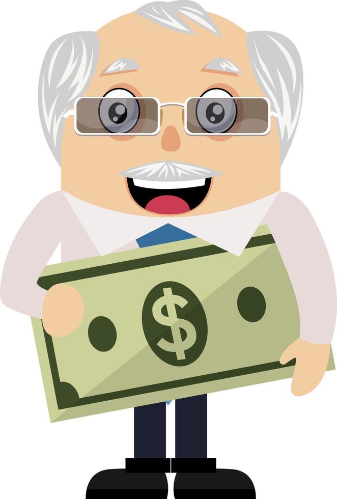 Old man with money, illustration, vector on white background.