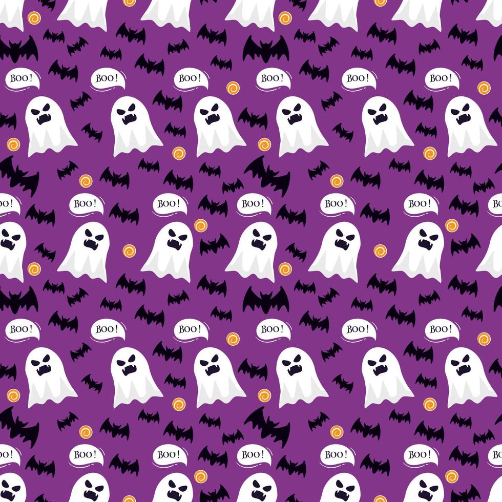 Halloween Seamless Pattern Design With Witch, Haunted House, Pumpkins or Bats in Template Hand Drawn Cartoon Flat Illustration vector