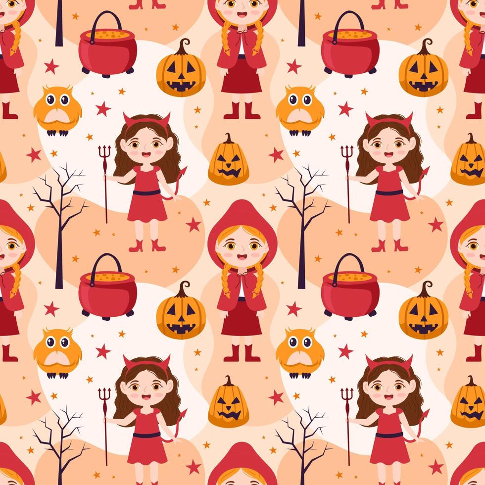 diseño de patrones sin fisuras de halloween con bruja, casa embrujada, calabazas o murciélagos en plantilla ilustración plana de dibujos animados dibujados a mano vector