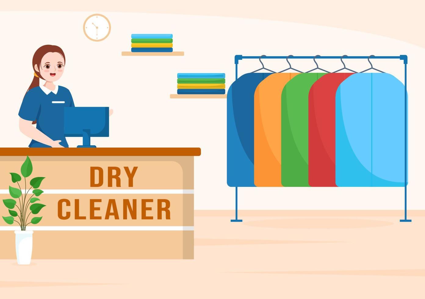 Dry Cleaning Store Service with Washing Machines, Dryers and Laundry for Clean Clothing in Flat Cartoon Hand Drawn Templates Illustration vector