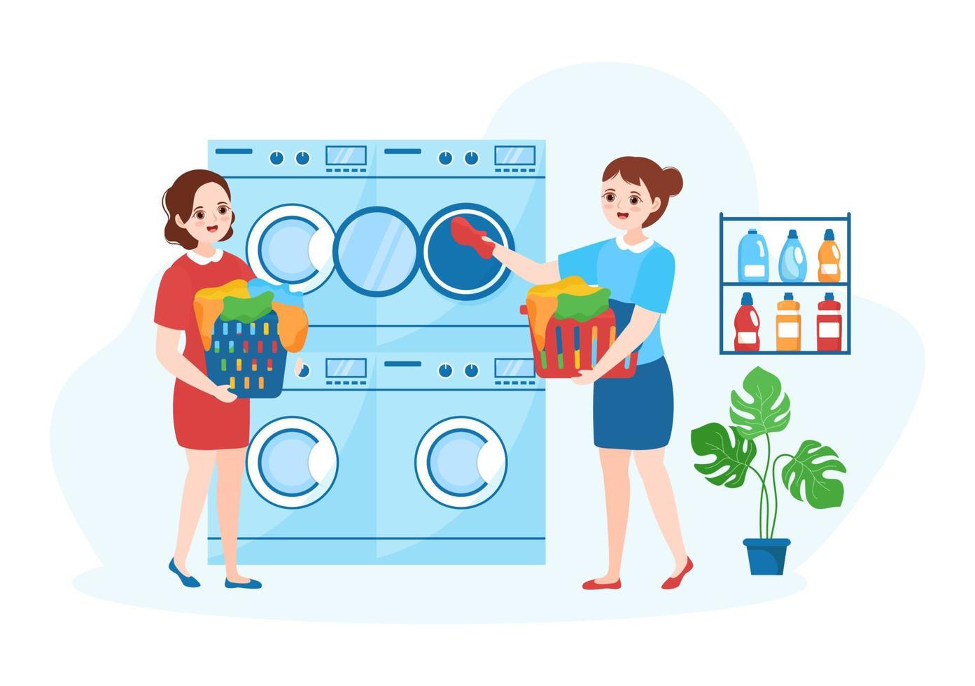 Dry Cleaning Store Service with Washing Machines, Dryers and Laundry for Clean Clothing in Flat Cartoon Hand Drawn Templates Illustration vector
