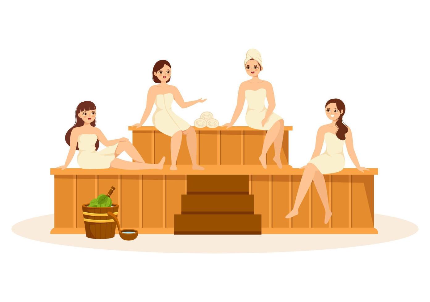 sauna y sala de vapor con personas relajadas, lavando sus cuerpos, vapor o disfrutando del tiempo en dibujos animados planos dibujados a mano ilustración de plantillas vector