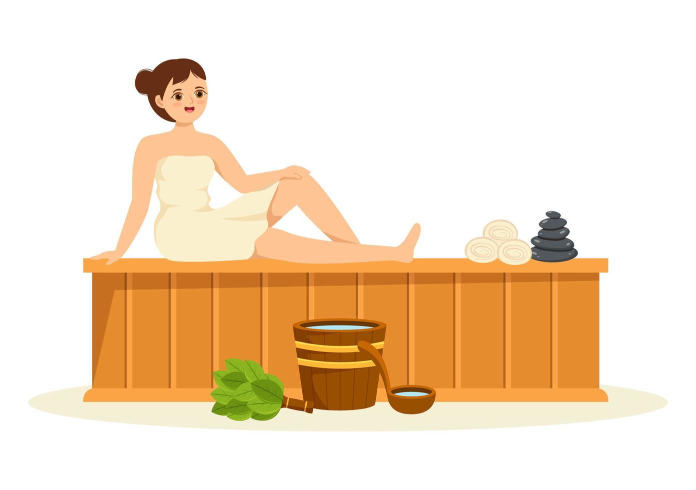 Sauna and Steam Room with People Relax, Washing Their Bodies, Steam or Enjoying Time in Flat Cartoon Hand Drawn Templates Illustration vector