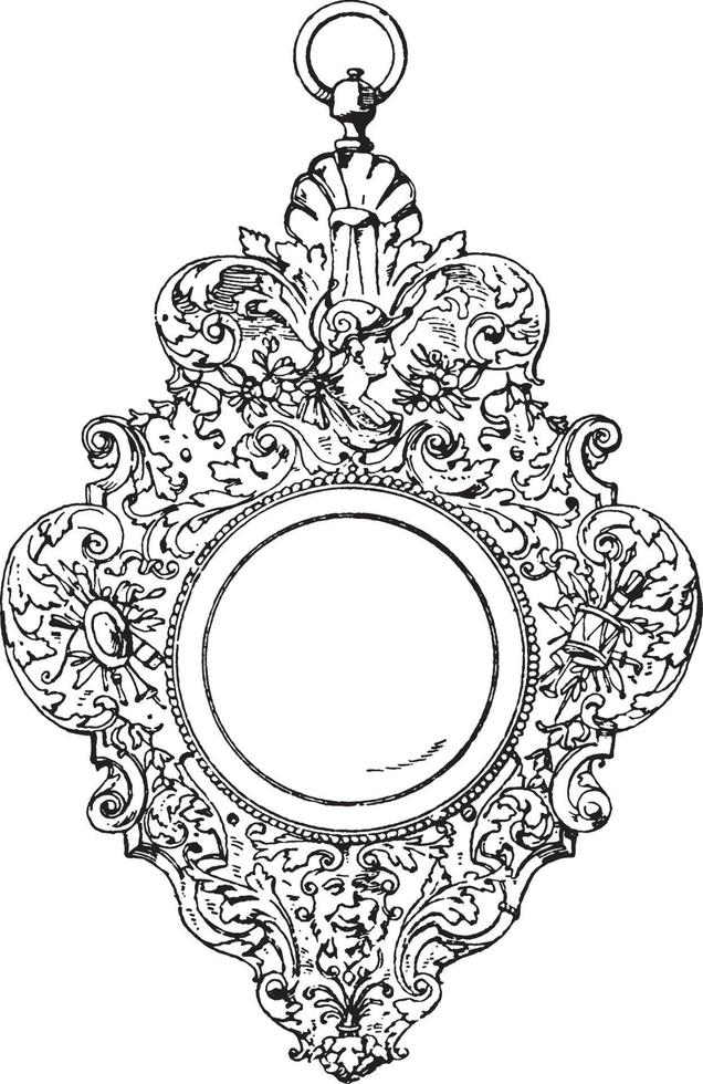 Clock-Case Strap-Work Tablet is a hammered metal, vintage engraving. vector